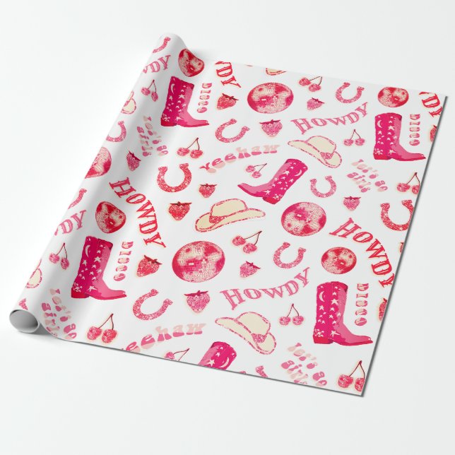 Papel De Regalo Cute Girly Pink Red Disco Cowgirl Estética (Desenrollado)