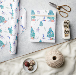 Papel De Regalo Cute Gnomos Acuarela Azul Navidad Árbol Nevado