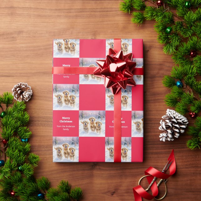Papel De Regalo Cute Golden Retrievers In Snow Puppy Christmas (Regalo de vacaciones)