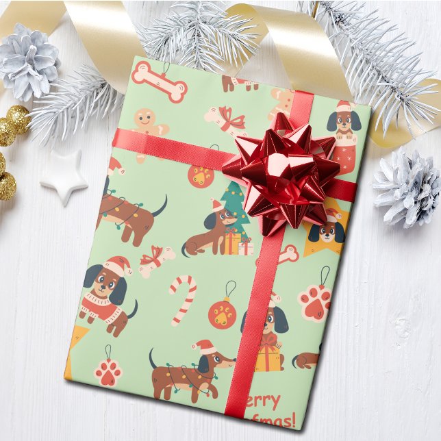 Papel De Regalo Cute Green Christmas Dachshund Merry Woofmas (Cute festive Dachshund wrapping paper in green, perfect for Dachshund dog lovers and the pups too!)