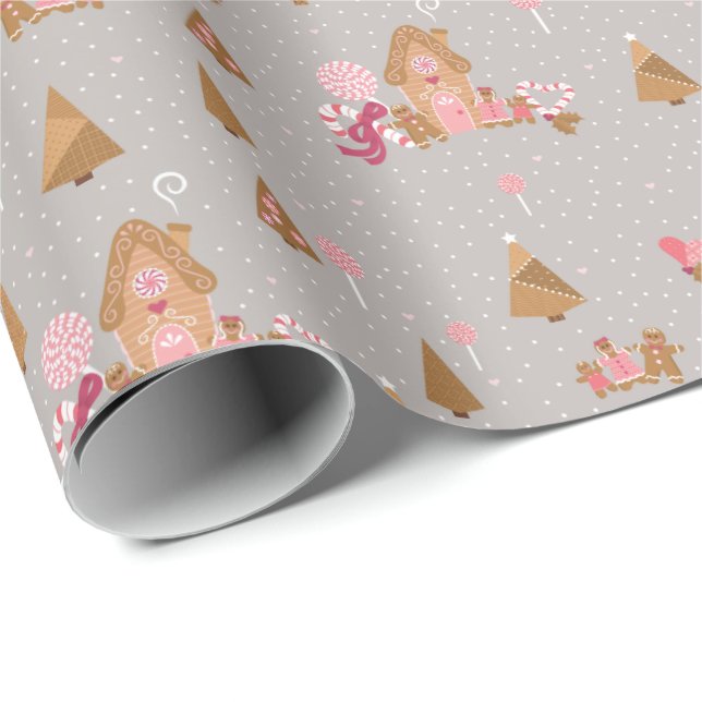 Papel De Regalo Cute Gris Rosa Gingerbread Candy Cane Wrapeada Pap (Esquina del rollo)