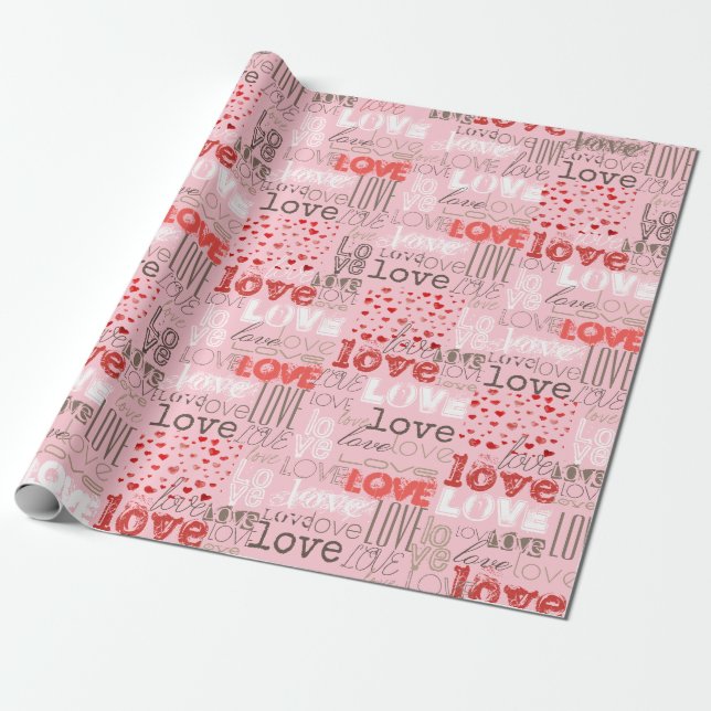 Papel De Regalo Cute Guay Modern Love Words Hearts Pink (Desenrollado)