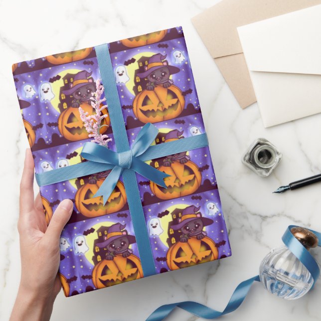 Papel De Regalo Cute Halloween Octubre Witch Cat (Regalar)