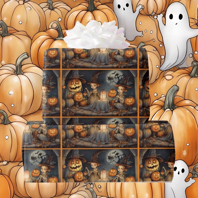 Papel De Regalo Cute Halloween Witness & Pumpkins Cumpleaños (Subido por el creador)