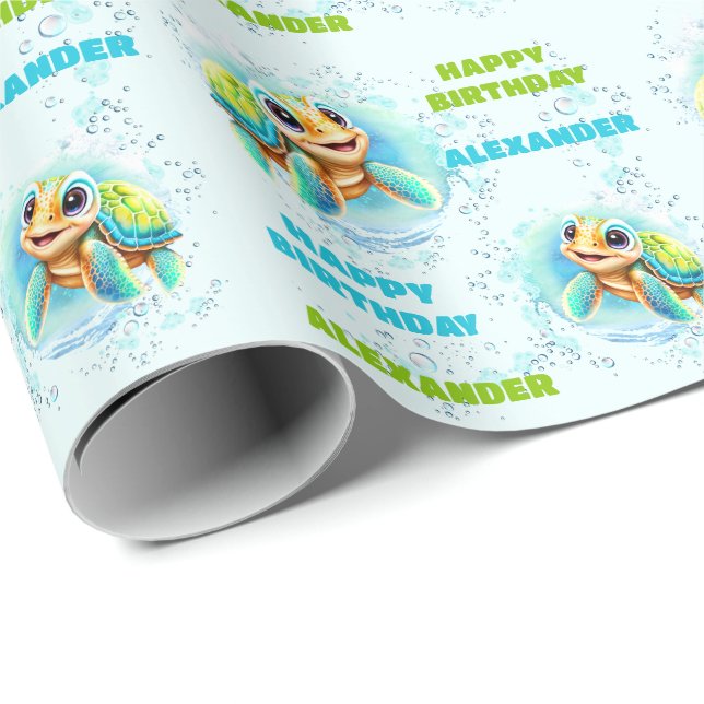Papel De Regalo Cute Happy Sea Turtle Boy Nombre Primer Cumpleaños (Esquina del rollo)