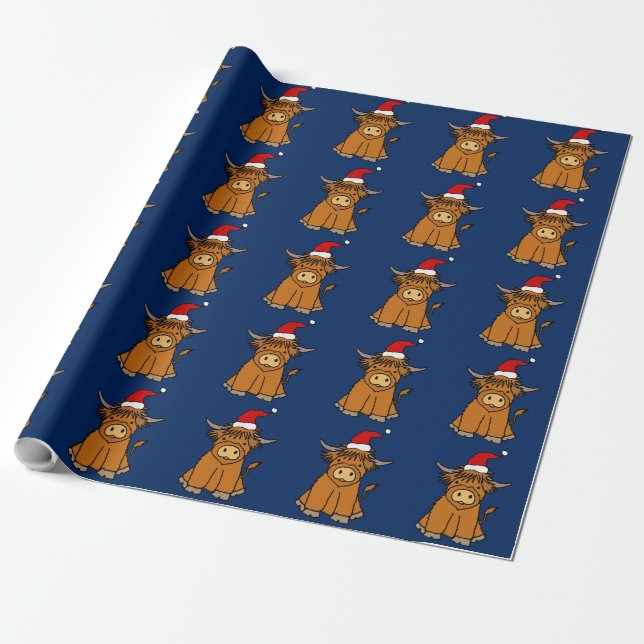 Papel De Regalo Cute Highland Cow in Santa hat Christmas (Desenrollado)