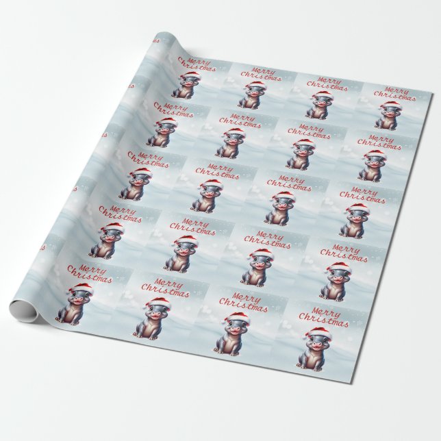 Papel De Regalo Cute Hipopótamo Santa Hat Navidades Snowy (Desenrollado)