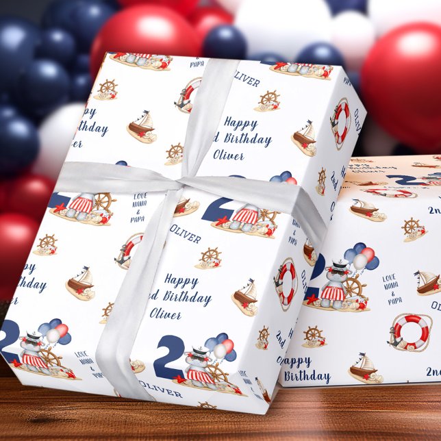 Papel De Regalo Cute Hippo Sailor Nautical Boat Segundo Nacimiento (Cute Hippo Sailor Nautical Boat 2nd Birthday Boy Wrapping Paper)