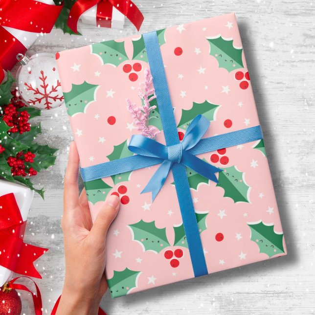 Papel De Regalo Cute Holly Berries Christmas pink (Subido por el creador)