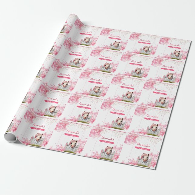 Papel De Regalo Cute Horse Cumpleaños Floral Rosa Personalizada (Desenrollado)