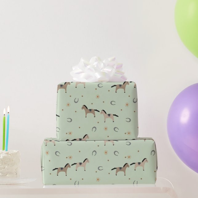 Papel De Regalo Cute Horses & Horseshoes Kids Birthday Sage Green (Regalos de fiesta)