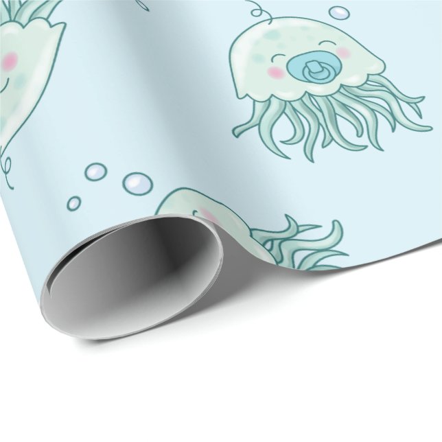 Papel De Regalo Cute Jellyfish Baby Shower Kawaii Blue Boy (Esquina del rollo)
