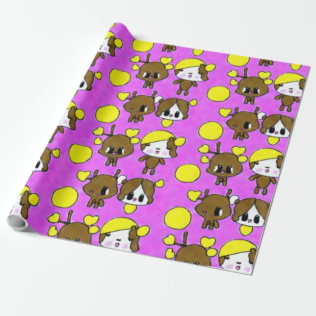PAPEL DE REGALO CUTE KAWAII CHIBI MOOSE PINTURA ROSA (Desenrollado)