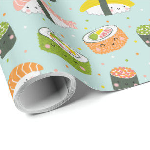 Papel De Regalo Cute Kawaii Sushi sobre azul claro