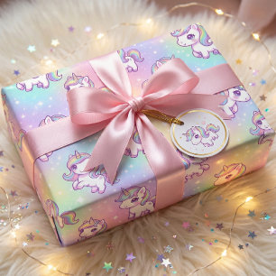 Papel De Regalo Cute Kawaii Unicornio Arcoíris Pastel Mágico