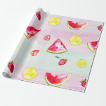 Papel De Regalo Cute KIds Birthday Watermelon Lemon<br><div class="desc">Este bonito diseño de papel envolvente presenta un fondo acuático pastel con limones,  fresas y trozos de sandía. Muy divertido para un cumpleaños de niños y genial para un niño o un chica.</div>