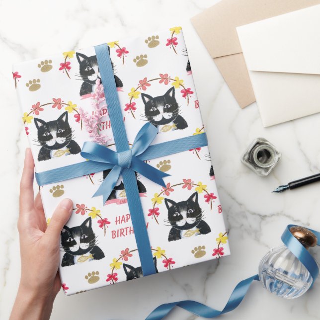 Papel De Regalo Cute Kitty Pink y Black Happy Birday (Regalar)