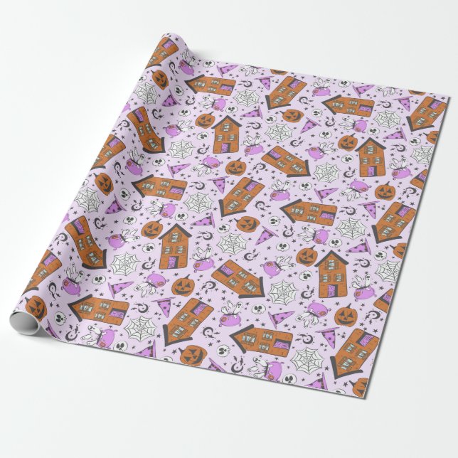 Papel De Regalo Cute Lavender Purple Halloween Hauned House Art (Desenrollado)
