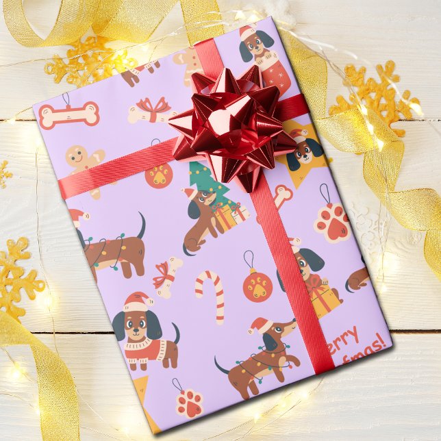 Papel De Regalo Cute Lilac Christmas Dachshund Merry Woofmas (Cute festive Dachshund wrapping paper in lilac, perfect for Dachshund dog lovers and the pups too!)