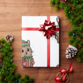 Papel De Regalo Cute Meowy Navidad Gato Café Helado Patrón Envoltu