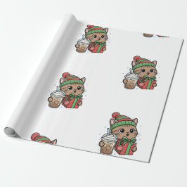 Papel De Regalo Cute Meowy Navidad Gato Café Helado Patrón Envoltu