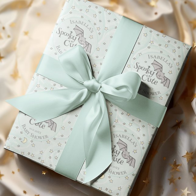 Papel De Regalo Cute Mint Spooky Cute Baby Shower de octubre (Spooky Cute Fall Baby Shower Custom Wrapping Paper. Hand-Drawn Baby Bat, Moons & Stars in Soft Mint)