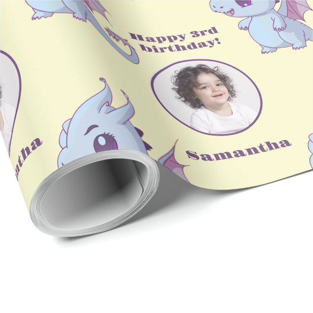 Papel De Regalo Cute morado azul Chibi Dragon Personalizado Photo  (Esquina del rollo)