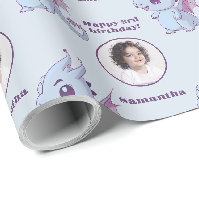 Papel De Regalo Cute morado azul Chibi Dragon Personalizado Photo  (Esquina del rollo)
