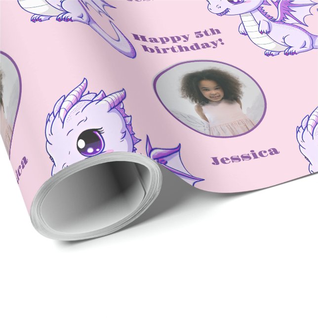 Papel De Regalo Cute morado rosado Chibi Dragon Personalizado Phot (Esquina del rollo)