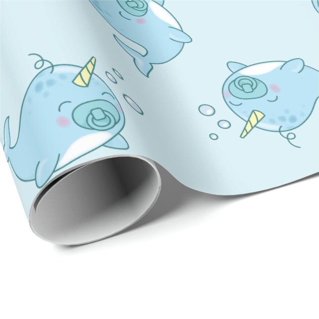 Papel De Regalo Cute Narwhal Baby Shower Kawaii Blue Boy (Esquina del rollo)