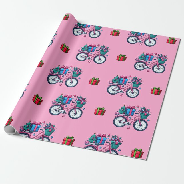 Papel De Regalo Cute Navidad Bicicletas Vacaciones Regalo Azul Ros (Desenrollado)