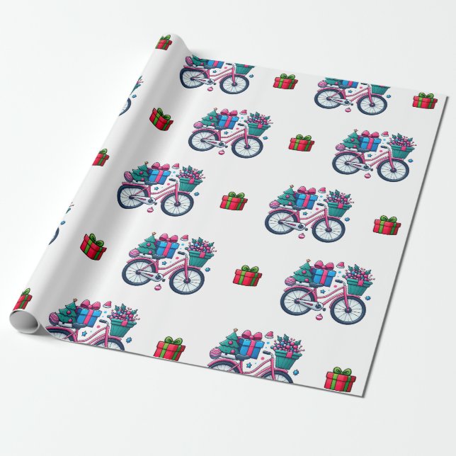 Papel De Regalo Cute Navidad Bicicletas Vacaciones Regalo Azul Ros (Desenrollado)