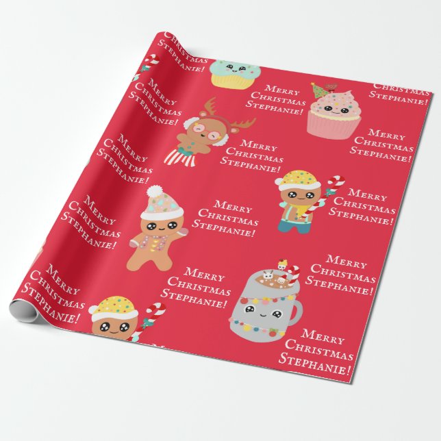 Papel De Regalo Cute Navidades de Kawaii Rojo Niños Alimentos Añad (Desenrollado)