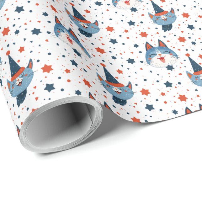 Papel De Regalo Cute Patriótico Cat Cumpleaños 4 de julio Estrella (Esquina del rollo)