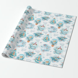 Papel De Regalo Cute Patrón Acuarela de Ballenas Náuticas