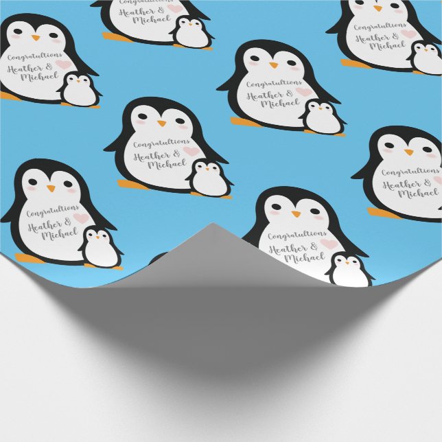 Papel De Regalo Cute pingüino Baby Shower Blue Boy (Esquina)