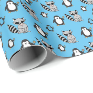 Papel De Regalo Cute pingüino racoon Buddies Baby Gift Blue