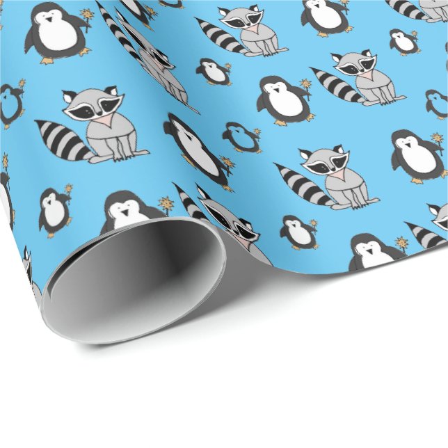 Papel De Regalo Cute pingüino racoon Buddies Baby Gift Blue (Esquina del rollo)
