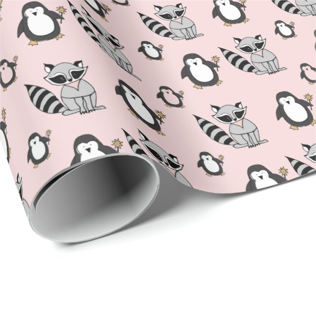 Papel De Regalo Cute Pingüino Racoon Buddies Baby Gift Pink (Esquina del rollo)