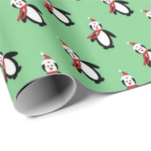 Papel De Regalo Cute pingüinos Santa Hat Navidades verdes ligeros