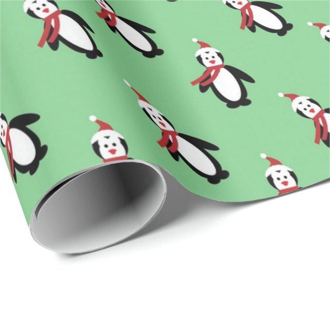 Papel De Regalo Cute pingüinos Santa Hat Navidades verdes ligeros (Esquina del rollo)