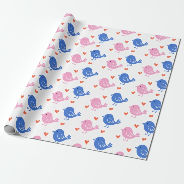 Papel De Regalo Cute Pink Blue Bird Heart Pattern Repeating Love  (Desenrollado)