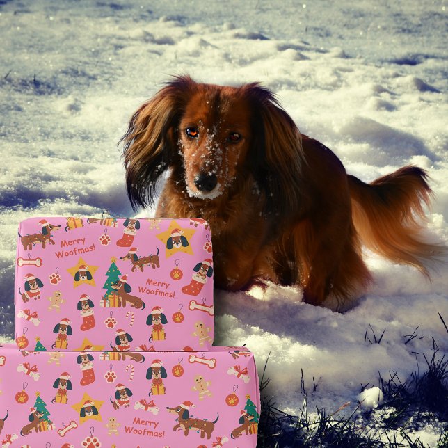 Papel De Regalo Cute Pink Christmas Dachshund Merry Woofmas (Cute festive Dachshund wrapping paper in pink, perfect for Dachshund dog lovers and the pups too!)