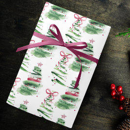 Papel De Regalo Cute pink Coquette bows Christmas trees creme