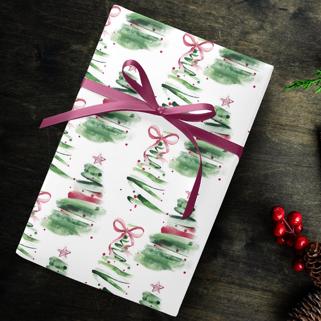 Papel De Regalo Cute pink Coquette bows Christmas trees creme (Subido por el creador)