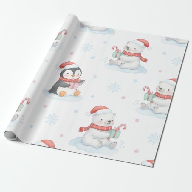 Papel De Regalo Cute Polar Bears Penguins Christmas Wrapping Paper (Desenrollado)
