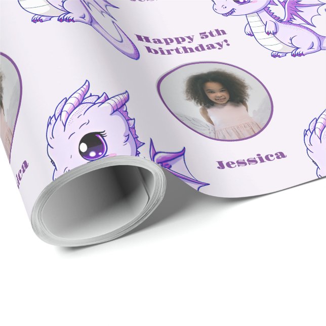 Papel De Regalo Cute Purple Chibi Dragon Personalizado Photo Text (Esquina del rollo)