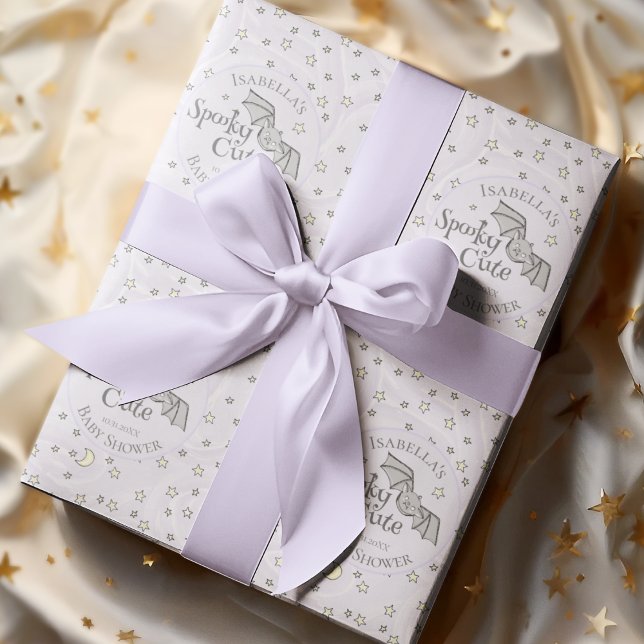 Papel De Regalo Cute Purple Spooky Cute Octubre Baby Shower (Spooky Cute Fall Baby Shower Custom Wrapping Paper. Hand-Drawn Baby Bat, Moons & Stars in Purple)