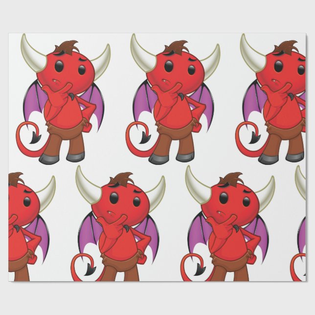 Papel De Regalo Cute Red Devil Character Thinking Mischievous (Superficie plana)