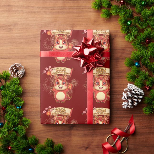 Papel De Regalo Cute Red Horse 2026 Año Del Caballo (Regalo de vacaciones)